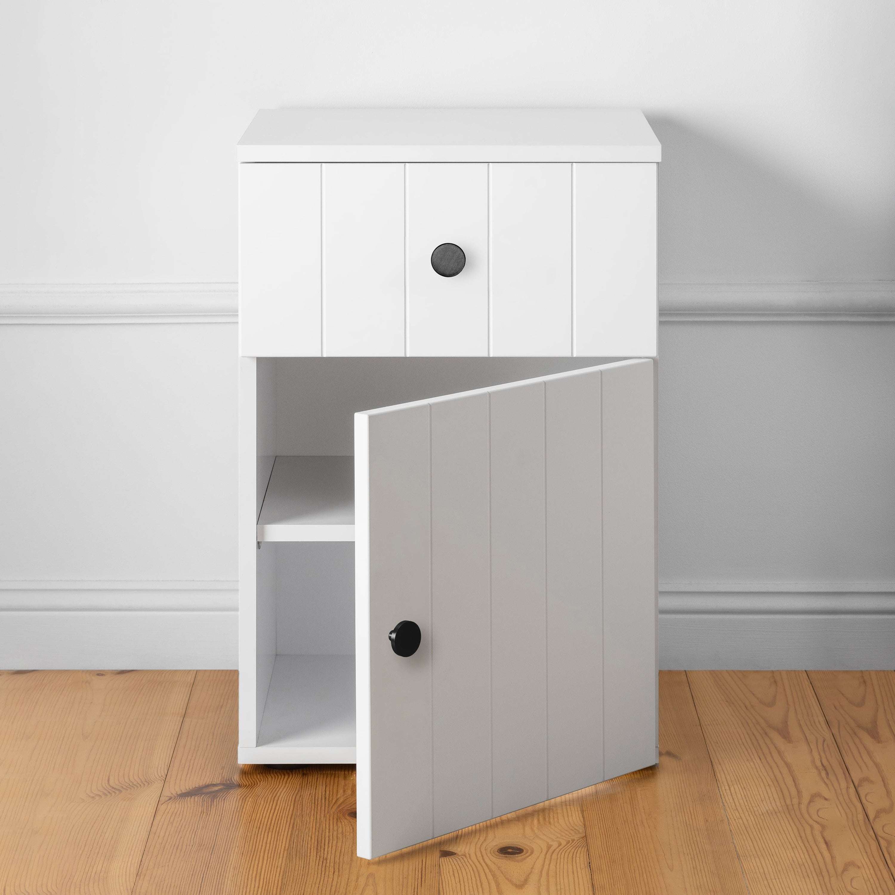 PORTO BEDSIDE TABLE - WHITE - VJ PANEL - ROUND BLACK